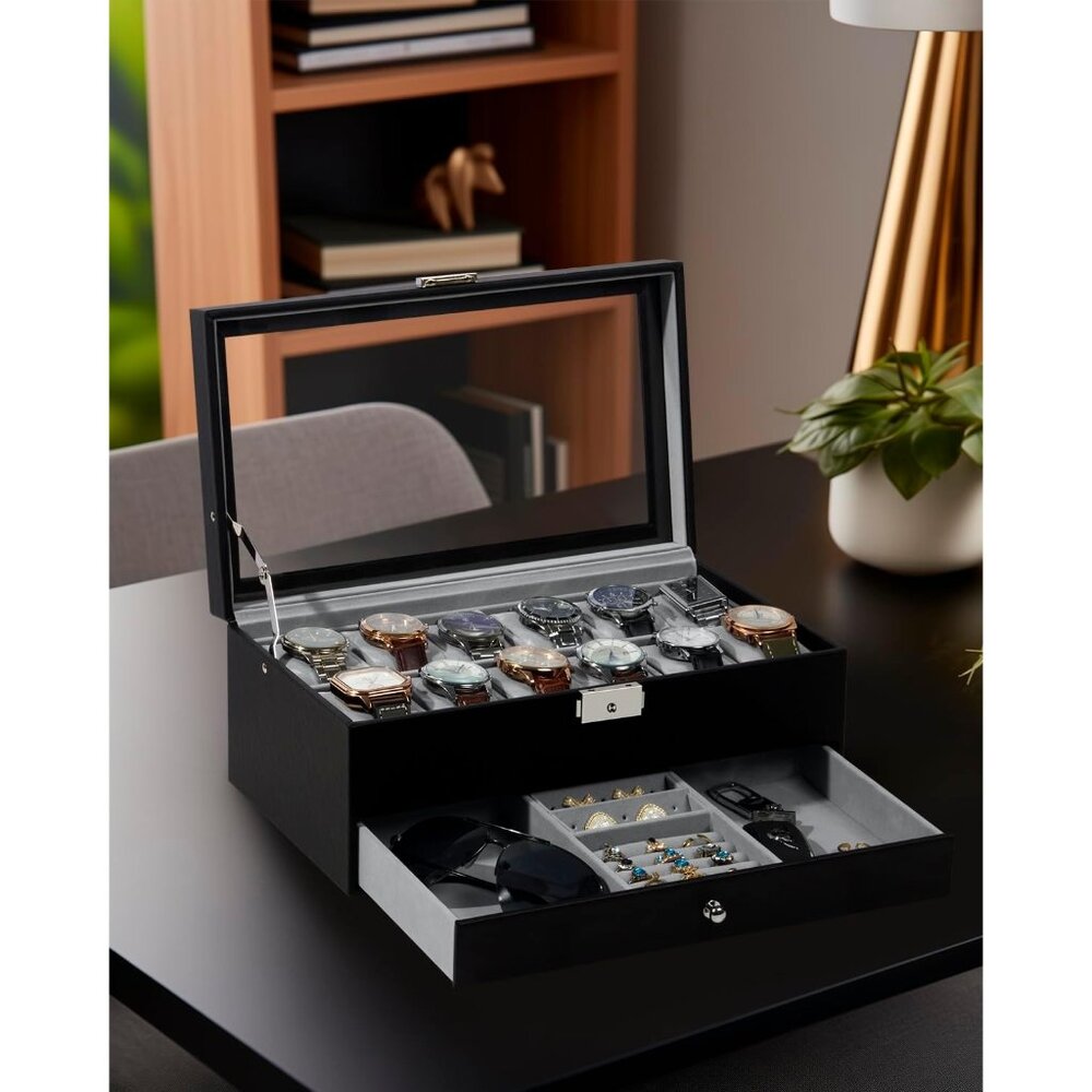 Watch Box 12 Slot Watch Display Organizer Leather Jewelry Case Drawer Glass Birt - Picture 8 of 8